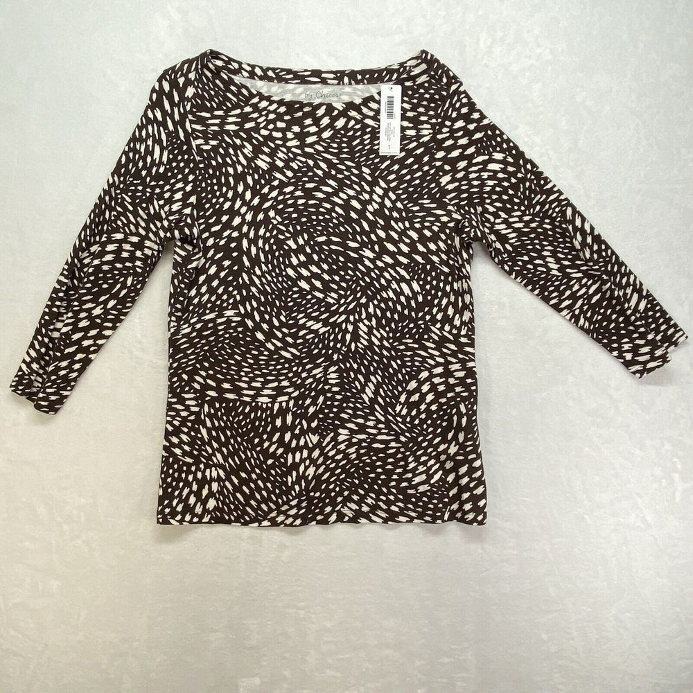 New Chico's Shirt Women's 1 (Medium) Eco Weave Piper Rockledge Brown 3/4 sleeve